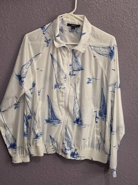 FOREVER 21 White & Blue Sailboat Zip-Up Jacket